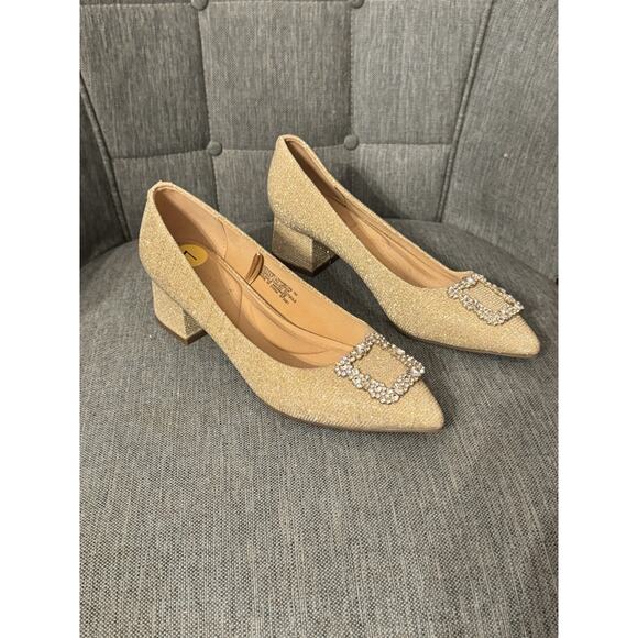 ANNE KLEIN NAMBI 7 GOLD METALLIC SPARKLE RHINESTONE Wedding Party NWOB PUMP SHOE - Picture 5 of 9